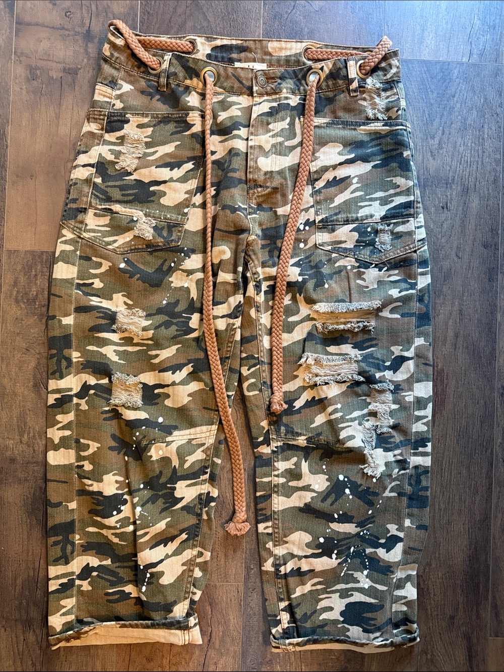Casual Camo Distressed Capris with Rope Drawstring